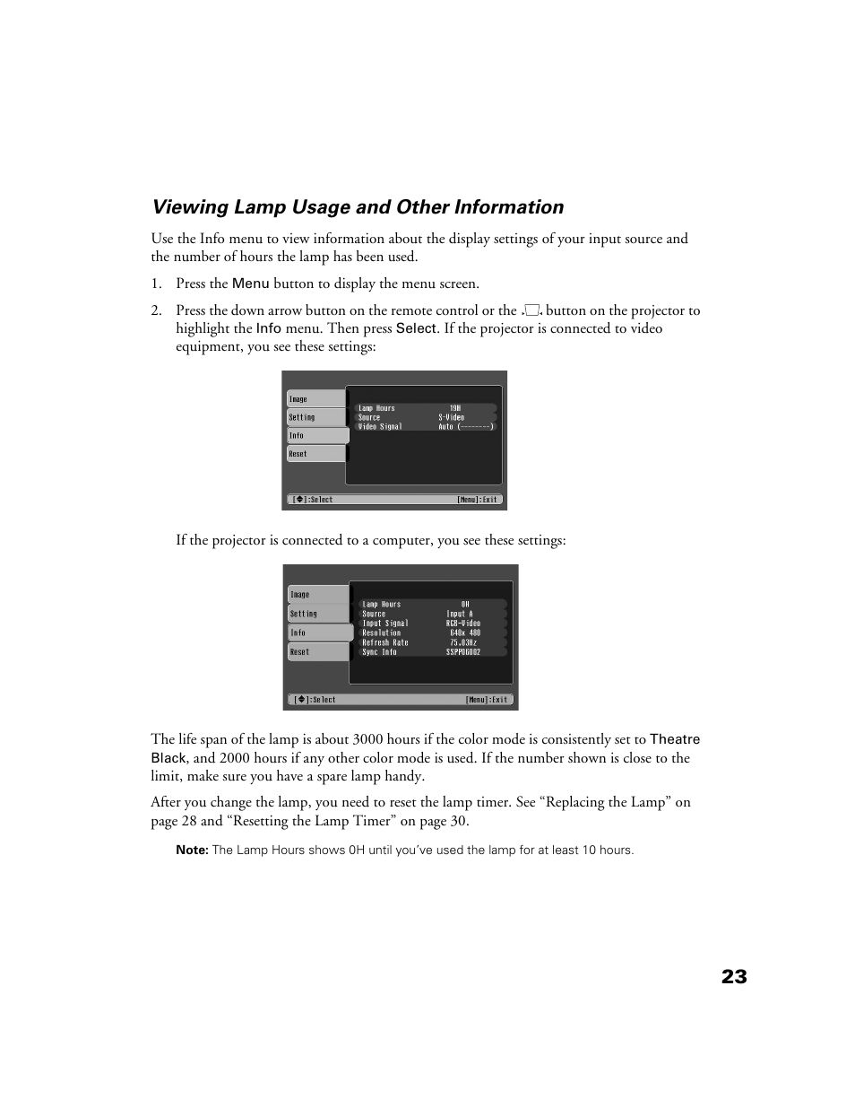 Viewing lamp usage and other information, 23 viewing lamp usage and other information | Epson 10+ User Manual | Page 23 / 44