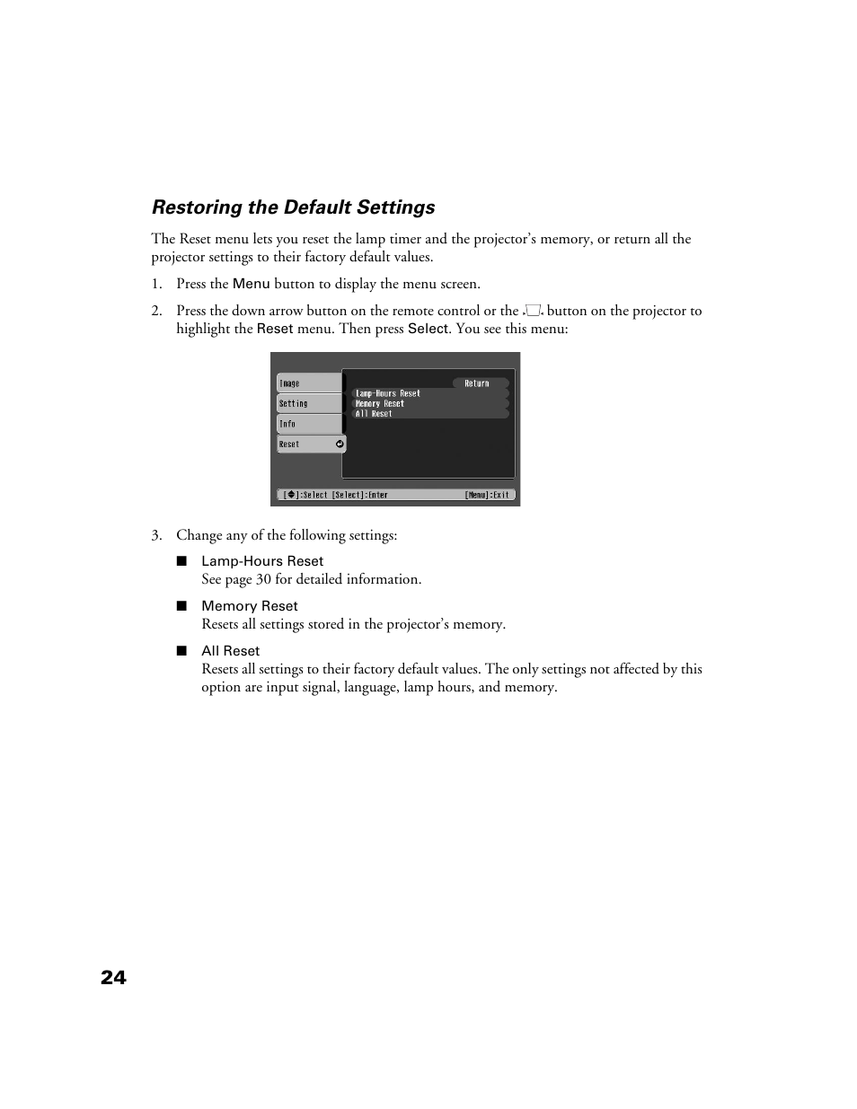 Restoring the default settings, 24 restoring the default settings | Epson 10+ User Manual | Page 24 / 44