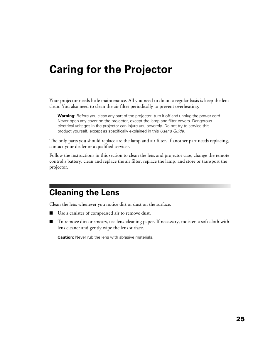 Caring for the projector, Cleaning the lens | Epson 10+ User Manual | Page 25 / 44