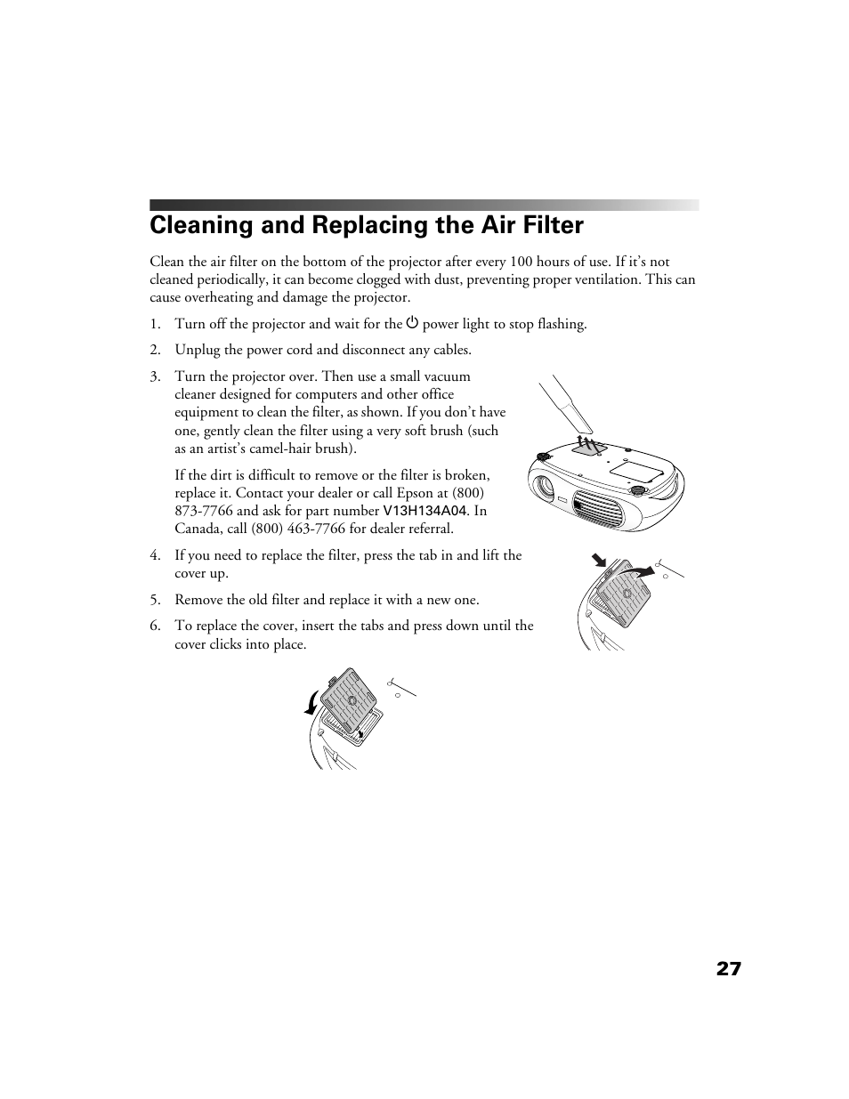 Cleaning and replacing the air filter | Epson 10+ User Manual | Page 27 / 44