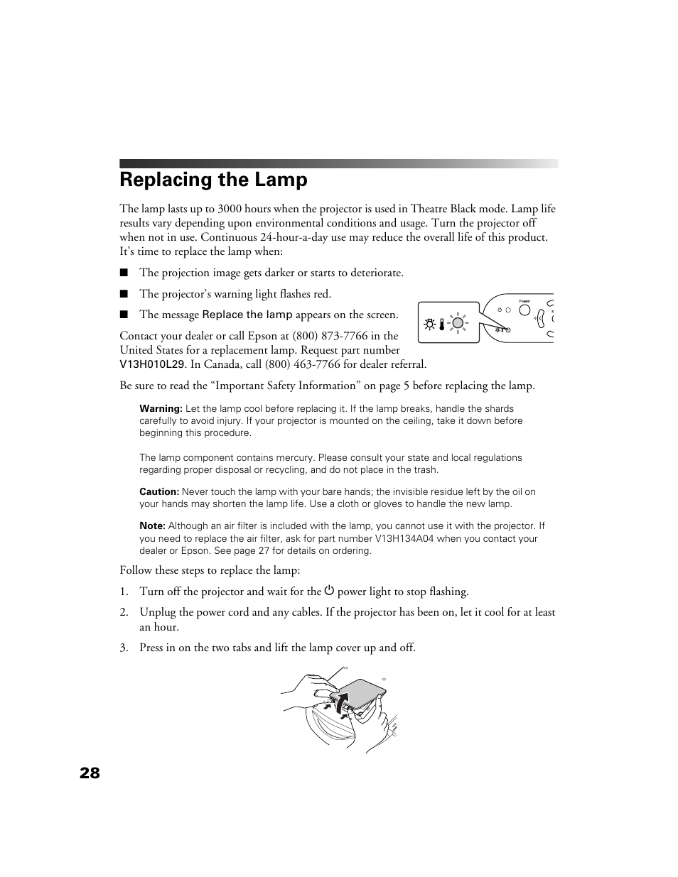 Replacing the lamp | Epson 10+ User Manual | Page 28 / 44