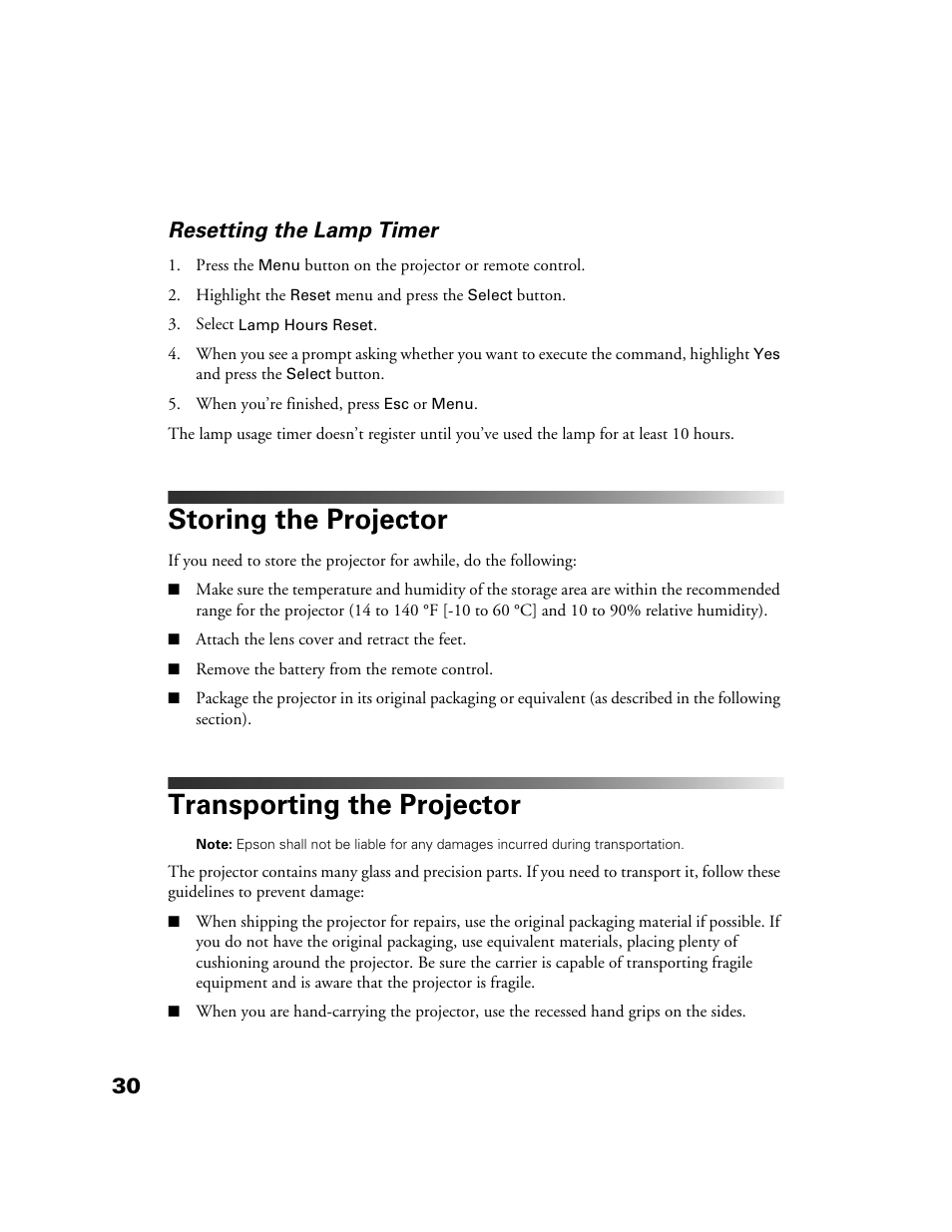 Resetting the lamp timer, Storing the projector, Transporting the projector | 30 resetting the lamp timer | Epson 10+ User Manual | Page 30 / 44