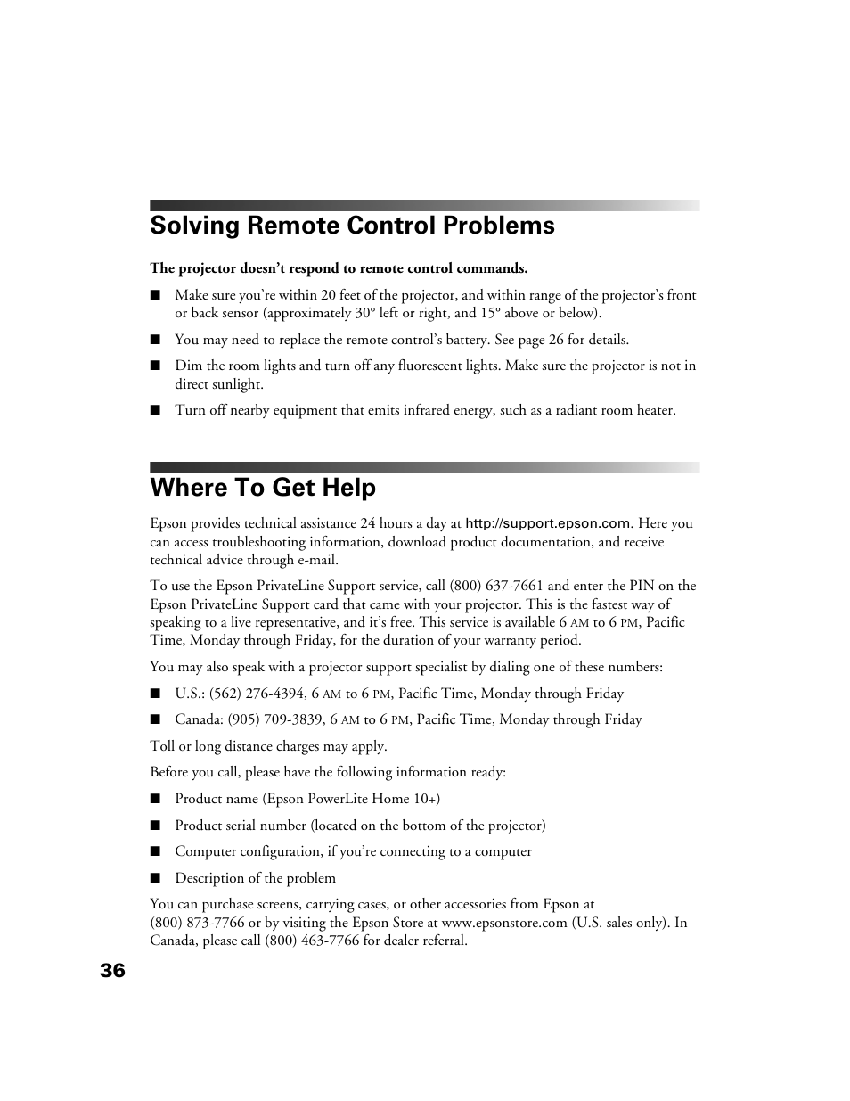 Solving remote control problems, Where to get help | Epson 10+ User Manual | Page 36 / 44