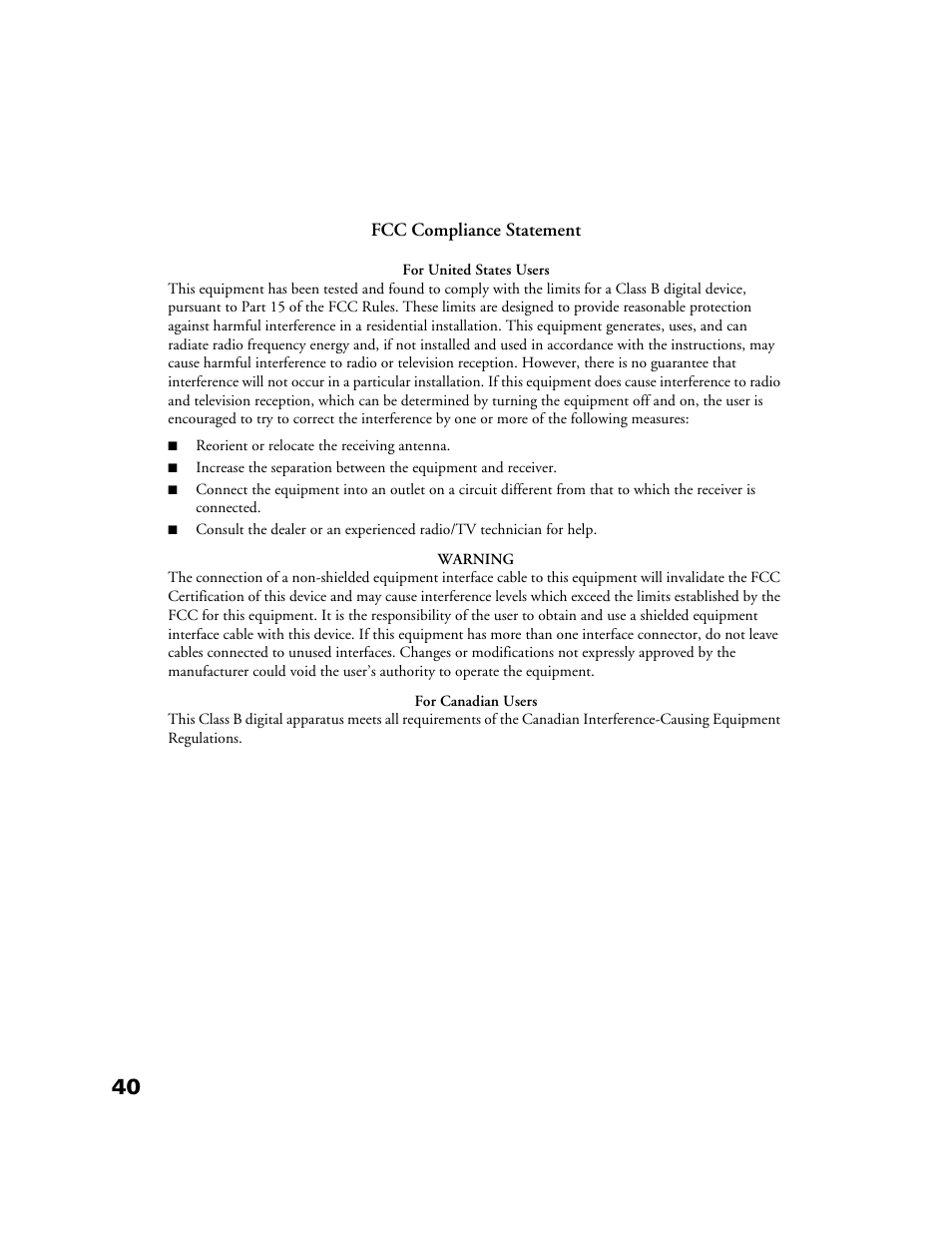 Fcc compliance statement, For united states users, Warning | For canadian users | Epson 10+ User Manual | Page 40 / 44