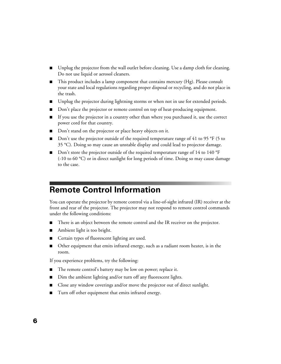 Remote control information | Epson 10+ User Manual | Page 6 / 44