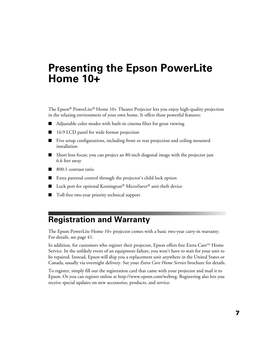 Presenting the epson powerlite home 10, Registration and warranty | Epson 10+ User Manual | Page 7 / 44