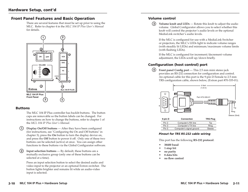 Front panel features and basic operation, Buttons, Volume control | Configuration (host control) port, Hardware setup, cont’d, Front panel features and basc operaton, Configuraton (host control) port | Epson MediaLink Controller MLC 104 IP Plus User Manual | Page 13 / 26