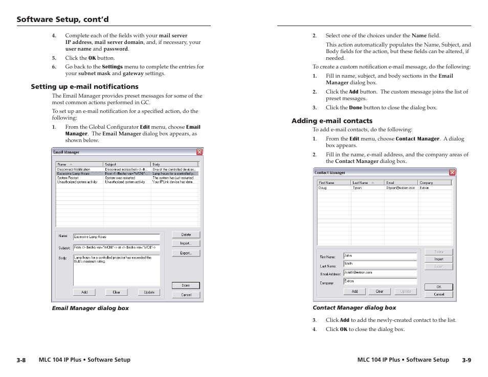 Setting up e-mail notifications, Adding e-mail contacts, Software setup, cont’d | Epson MediaLink Controller MLC 104 IP Plus User Manual | Page 18 / 26
