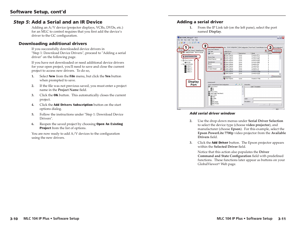 Step 5: add a serial and an ir device, Downloading additional drivers, Adding a serial driver | Step 5 : add a serial and an ir device, Software setup, cont’d, Step 5 : add a seral and an ir devce | Epson MediaLink Controller MLC 104 IP Plus User Manual | Page 19 / 26