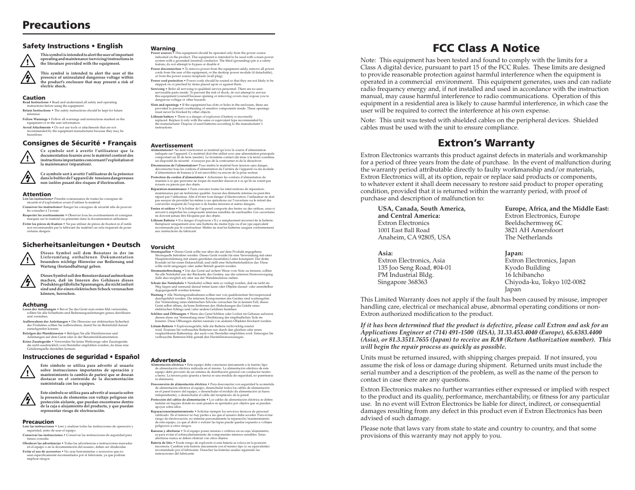 Precautions, Fcc class a notice, Extron’s warranty | Instrucciones de seguridad • español | Epson MediaLink Controller MLC 104 IP Plus User Manual | Page 2 / 26