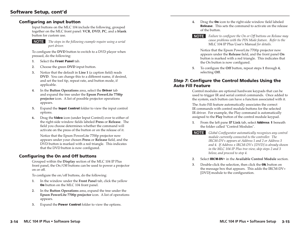 Configuring an input button, Configuring the on and off buttons, Software setup, cont’d | Epson MediaLink Controller MLC 104 IP Plus User Manual | Page 21 / 26