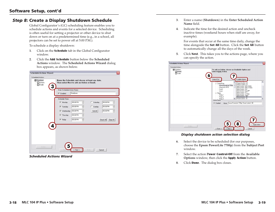 Step 8: create a display shutdown schedule, Step 8 : create a display shutdown schedule, Software setup, cont’d | Step 8 : create a dsplay shutdown schedule | Epson MediaLink Controller MLC 104 IP Plus User Manual | Page 23 / 26