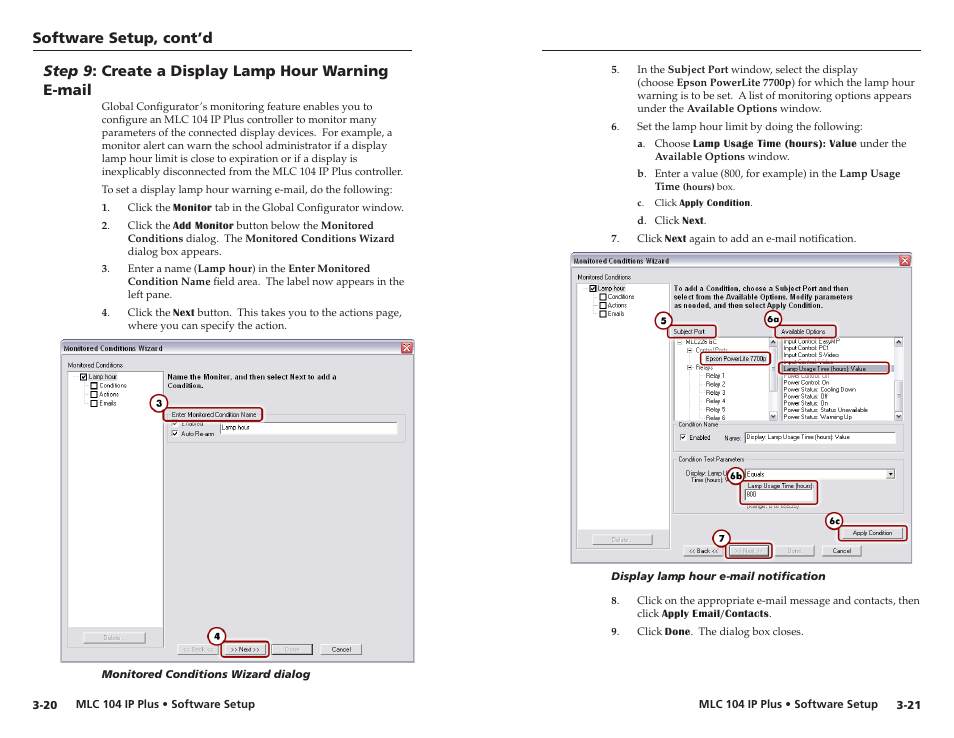 Step 9: create a display lamp hour warning e-mail, Step 9 : create a display lamp hour warning e-mail, Software setup, cont’d | Step 9 : create a dsplay lamp hour warnng e-mal | Epson MediaLink Controller MLC 104 IP Plus User Manual | Page 24 / 26