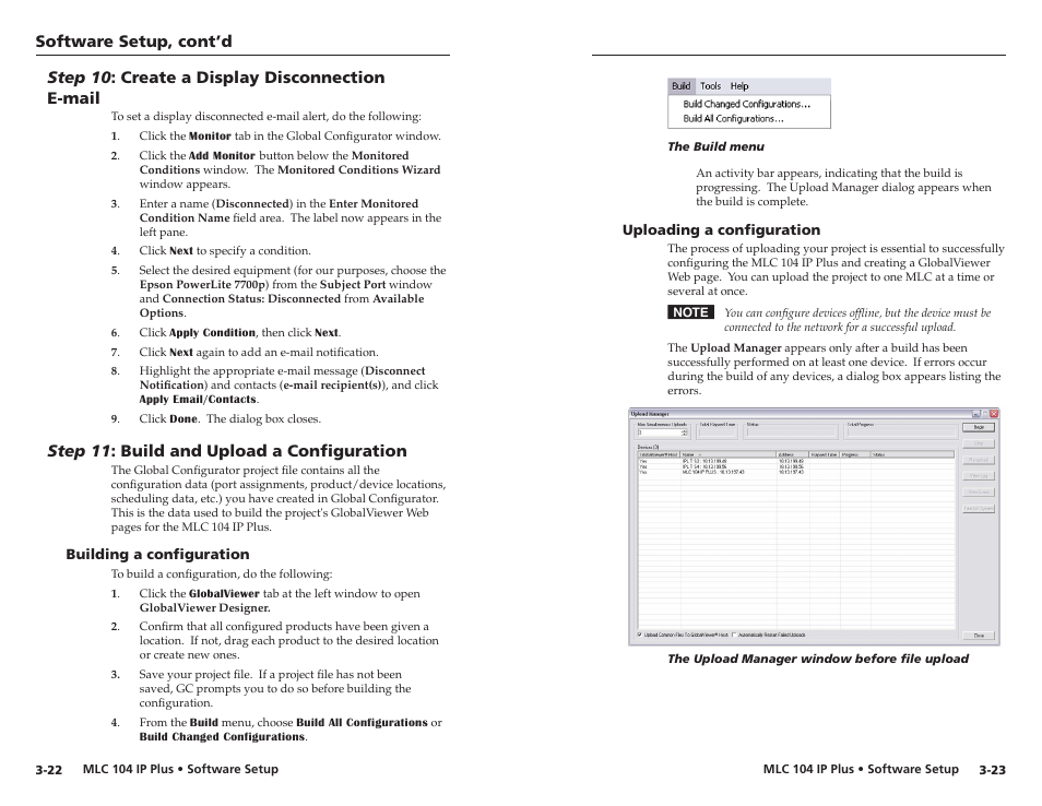 Step 10: create a display disconnection e-mail, Step 11: build and upload a configuration, Building a configuration | Uploading a configuration, Step 10 : create a display disconnection e-mail, Step 11 : build and upload a configuration, Software setup, cont’d, Step 10 : create a dsplay dsconnecton e-mal, Step 11 : buld and upload a configuraton | Epson MediaLink Controller MLC 104 IP Plus User Manual | Page 25 / 26