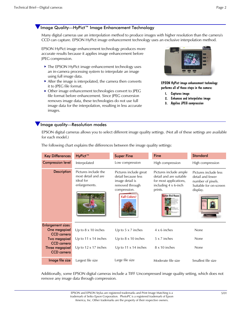 Hypict™ image enhancement technology, Resolution modes, Image quality—hypict™ image enhancement technology | Image quality—resolution modes | Epson Digital Camera 5/01EPSON User Manual | Page 2 / 8