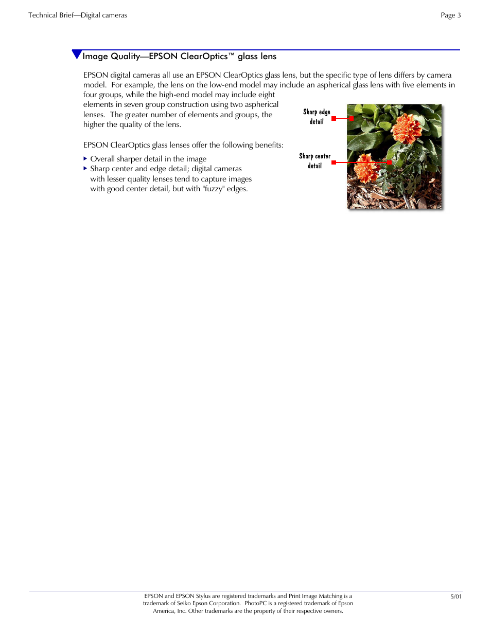 Epson clearoptics™ glass lens, Epson clearoptics glass lens, Image quality—epson clearoptics™ glass lens | Epson Digital Camera 5/01EPSON User Manual | Page 3 / 8