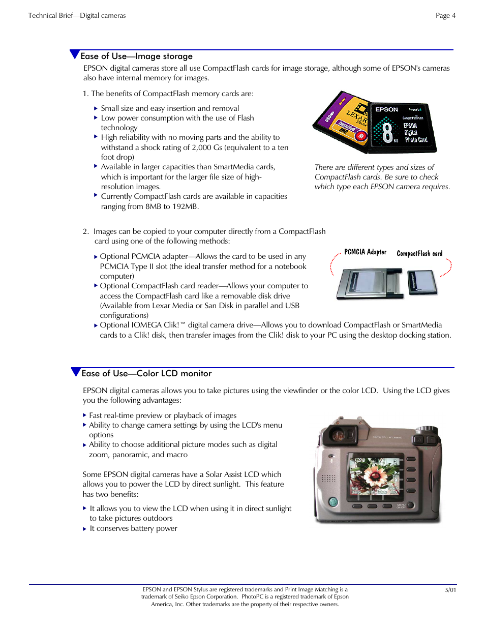 Ease of use, Color lcd monitor, Image storage | Image storage color lcd monitor, Ease of use—color lcd monitor, Ease of use—image storage | Epson Digital Camera 5/01EPSON User Manual | Page 4 / 8