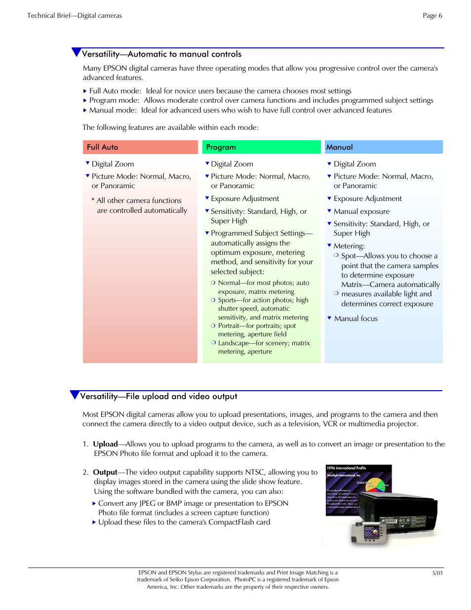 Versatility, Automatic to manual controls, File upload and video output | Versatility—file upload and video output, Versatility—automatic to manual controls | Epson Digital Camera 5/01EPSON User Manual | Page 5 / 8