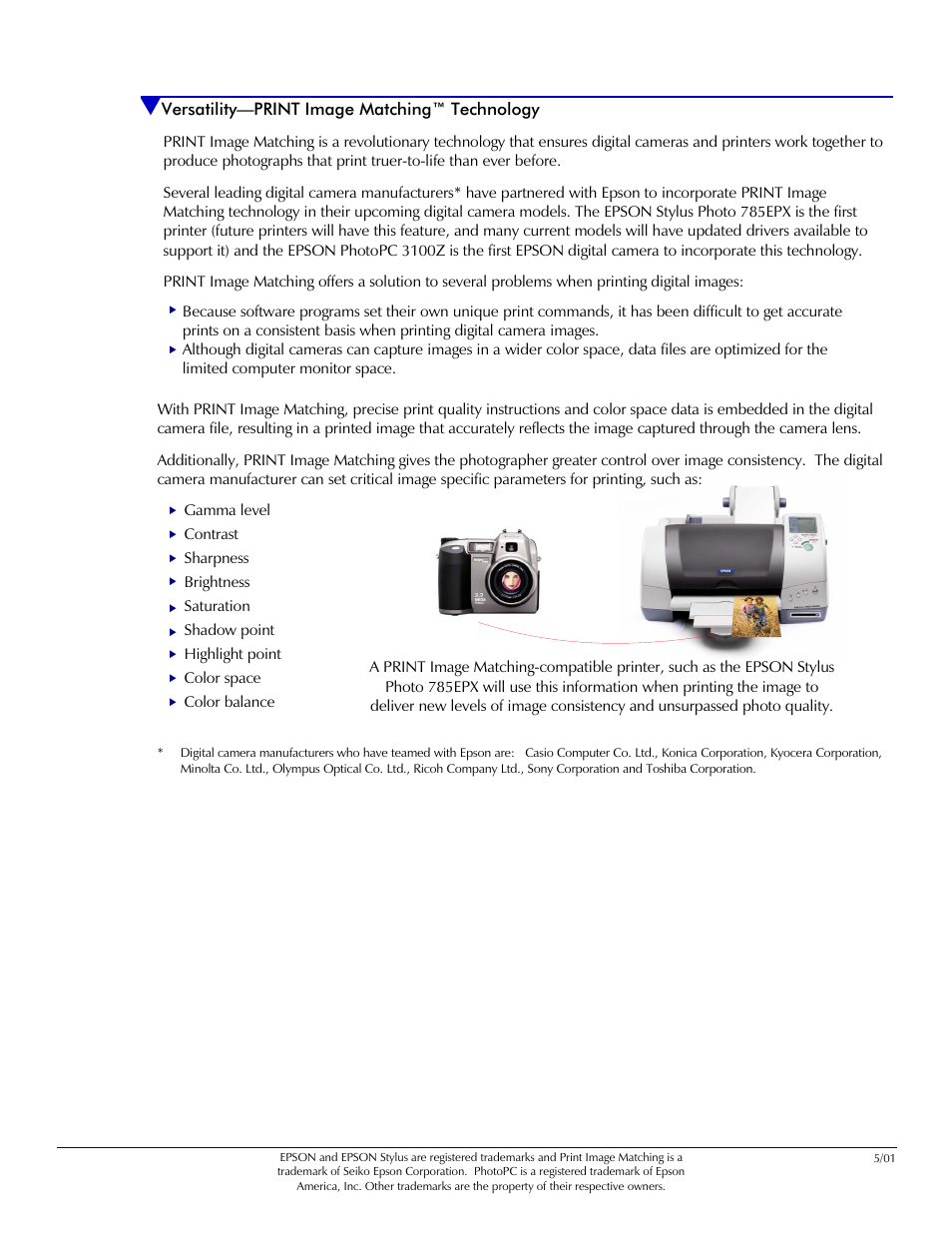 Print image matching™ technology, Versatility—print image matching™ technology | Epson Digital Camera 5/01EPSON User Manual | Page 8 / 8