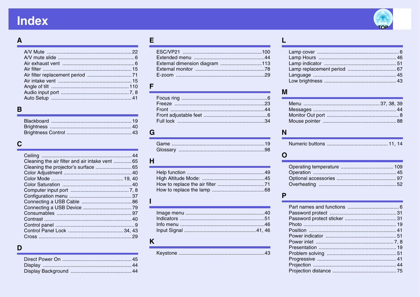 Index | Epson EB X6 User Manual | Page 114 / 116