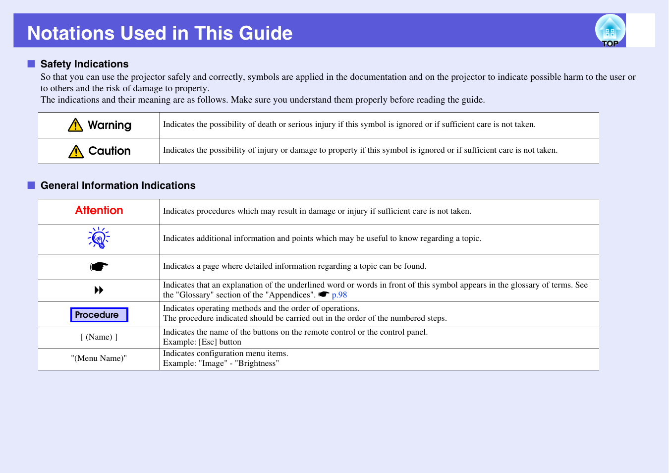 Notations used in this guide | Epson EB X6 User Manual | Page 2 / 116