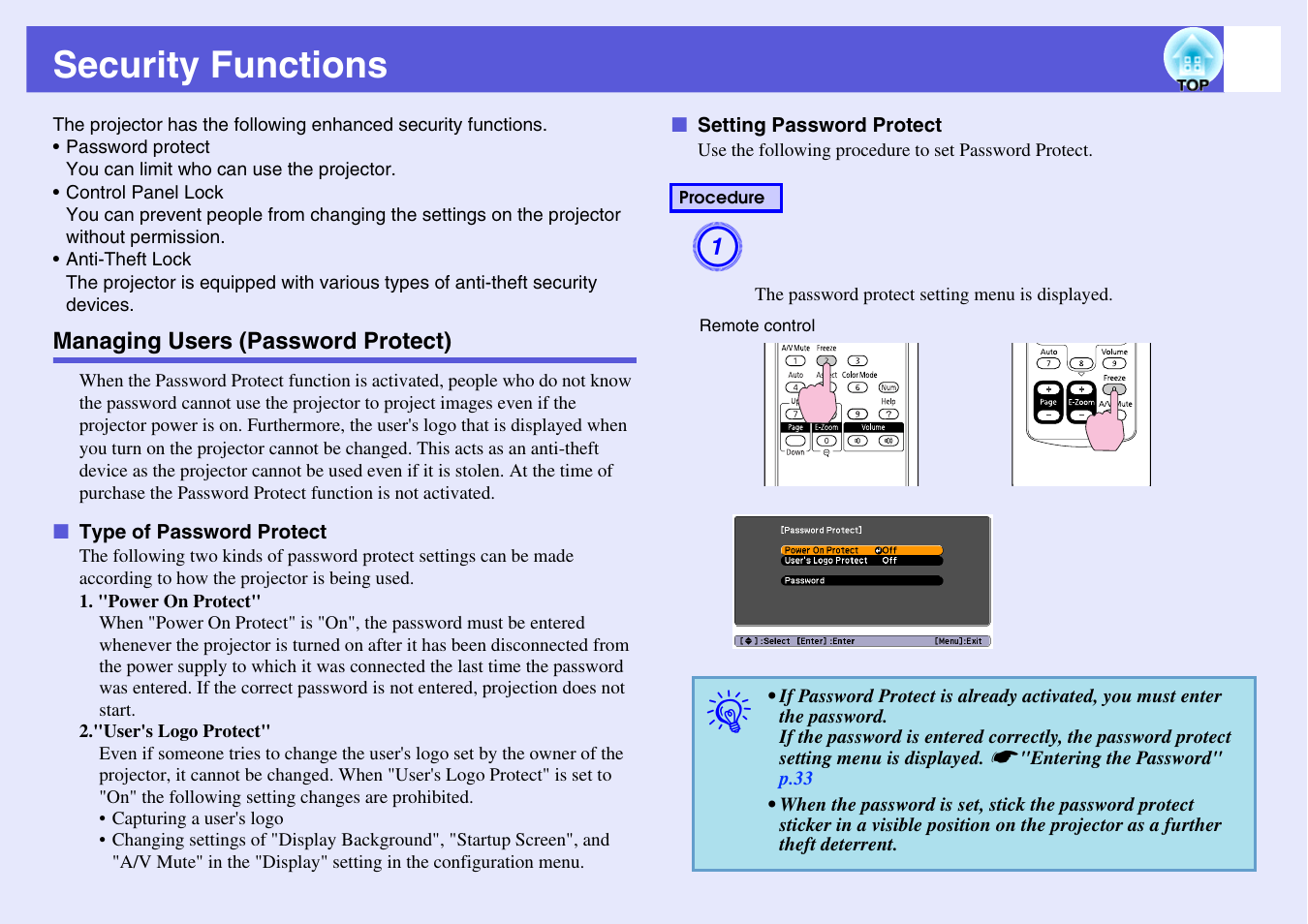 Security functions, Managing users (password protect), P.31 | Type of password protect setting password protect | Epson EB X6 User Manual | Page 31 / 116