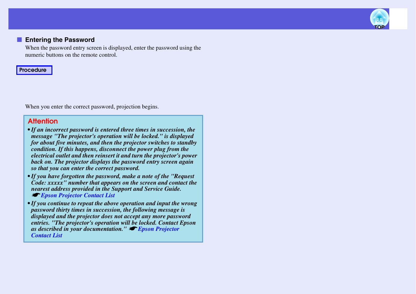 Entering the password | Epson EB X6 User Manual | Page 33 / 116