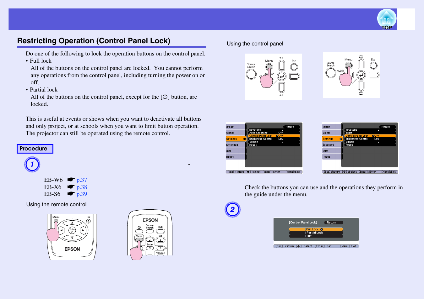 Restricting operation (control panel lock), Without permission, P.34 | Epson EB X6 User Manual | Page 34 / 116