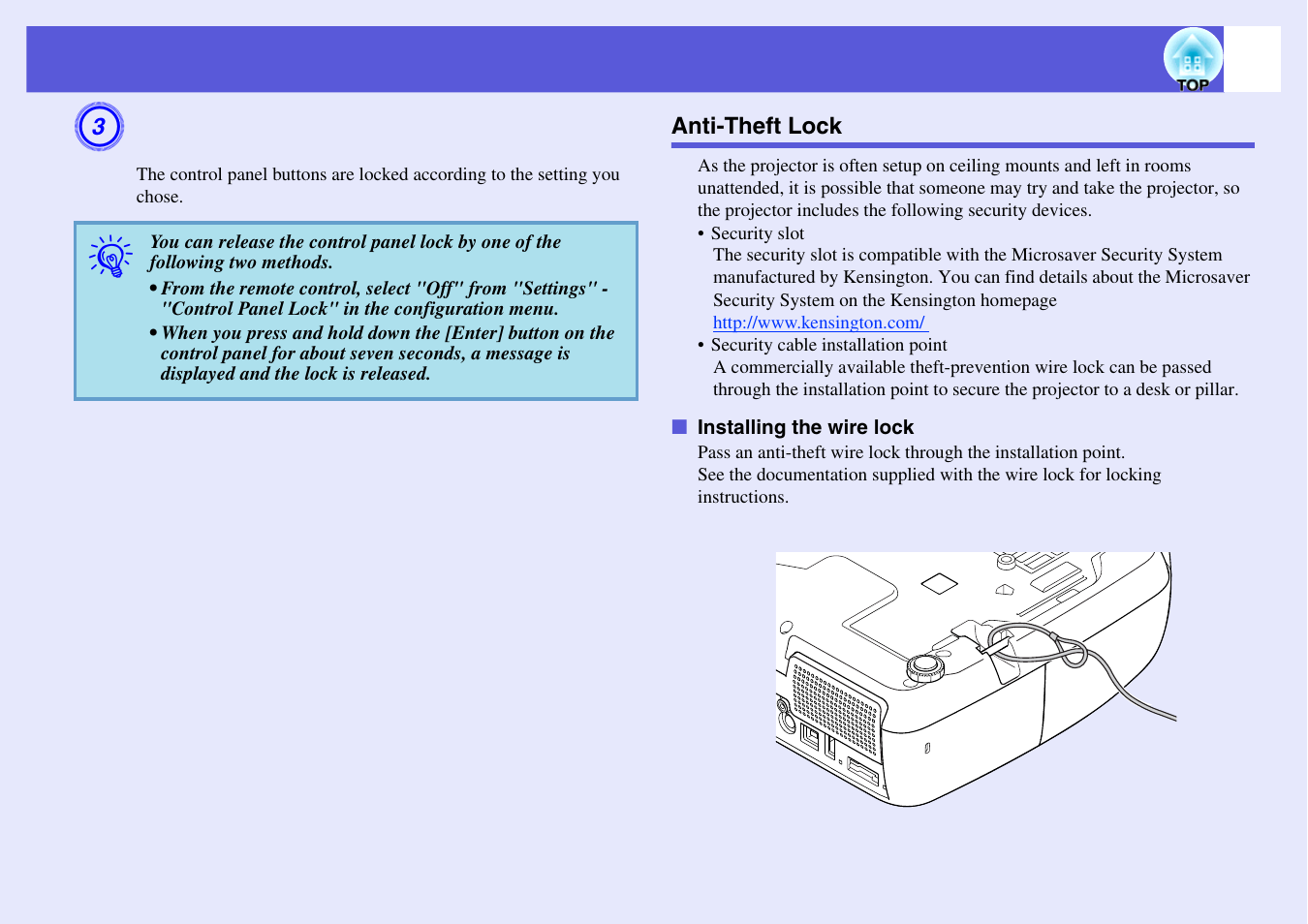 Anti-theft lock, P.35, Installing the wire lock | Epson EB X6 User Manual | Page 35 / 116