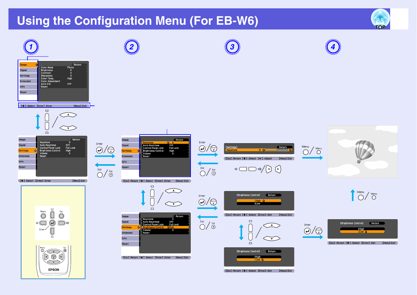 Using the configuration menu (for eb-w6), W6 s, P.37 | Epson EB X6 User Manual | Page 37 / 116
