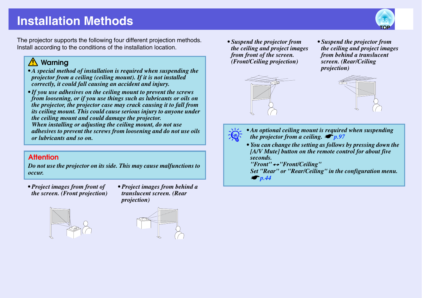 Installation methods, P.64, Is setup. s | Epson EB X6 User Manual | Page 64 / 116