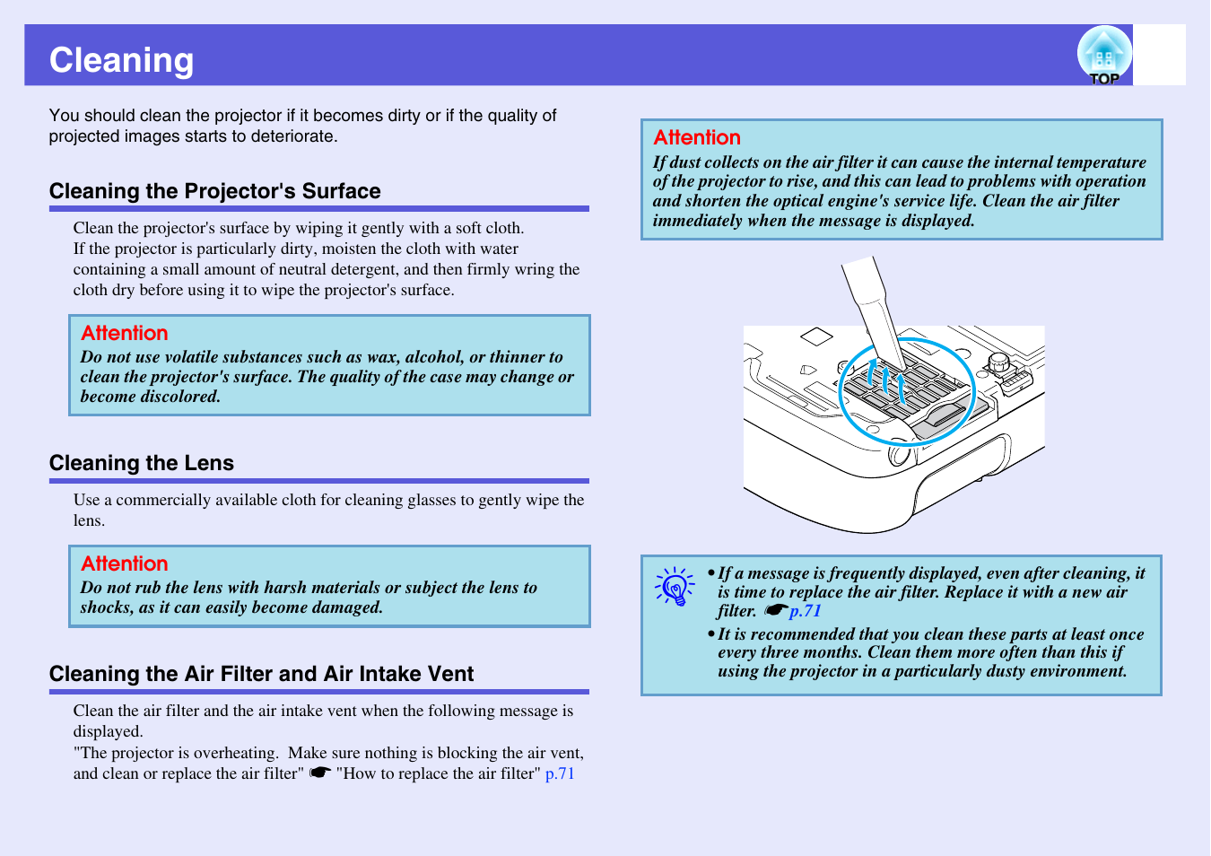 Cleaning, Cleaning the projector's surface, Cleaning the lens | Cleaning the air filter and air intake vent, Er. s, P.65 | Epson EB X6 User Manual | Page 65 / 116
