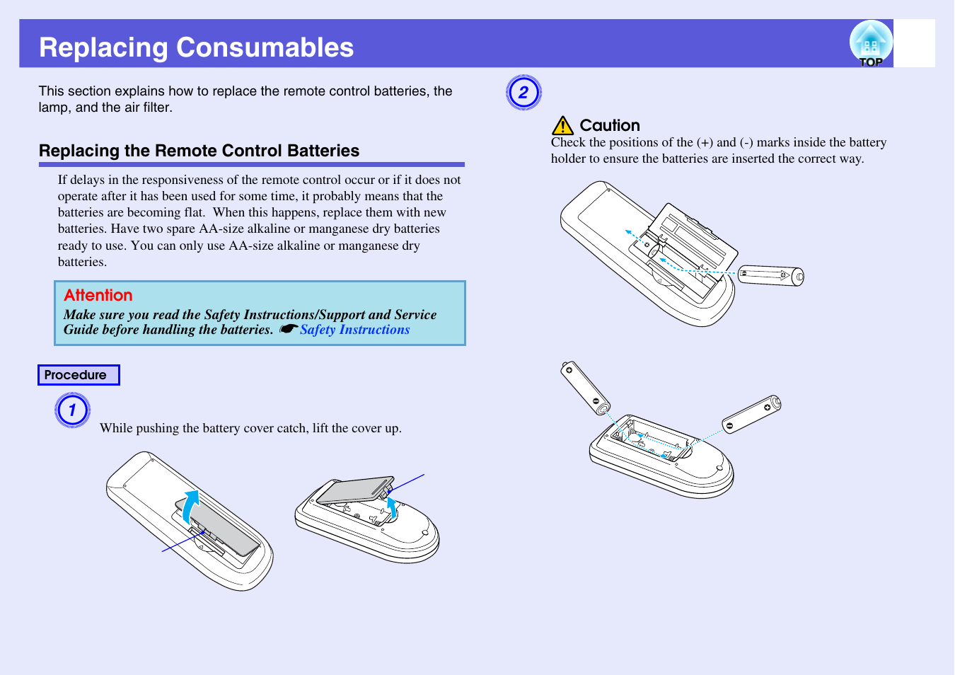 Replacing consumables, Replacing the remote control batteries, P.66 | Epson EB X6 User Manual | Page 66 / 116
