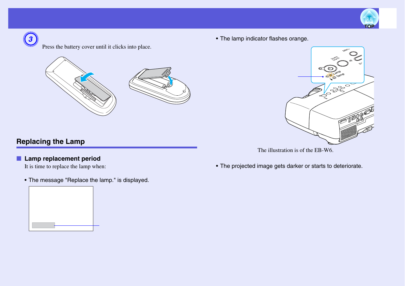 Replacing the lamp, P.67, Lamp replacement period | Epson EB X6 User Manual | Page 67 / 116