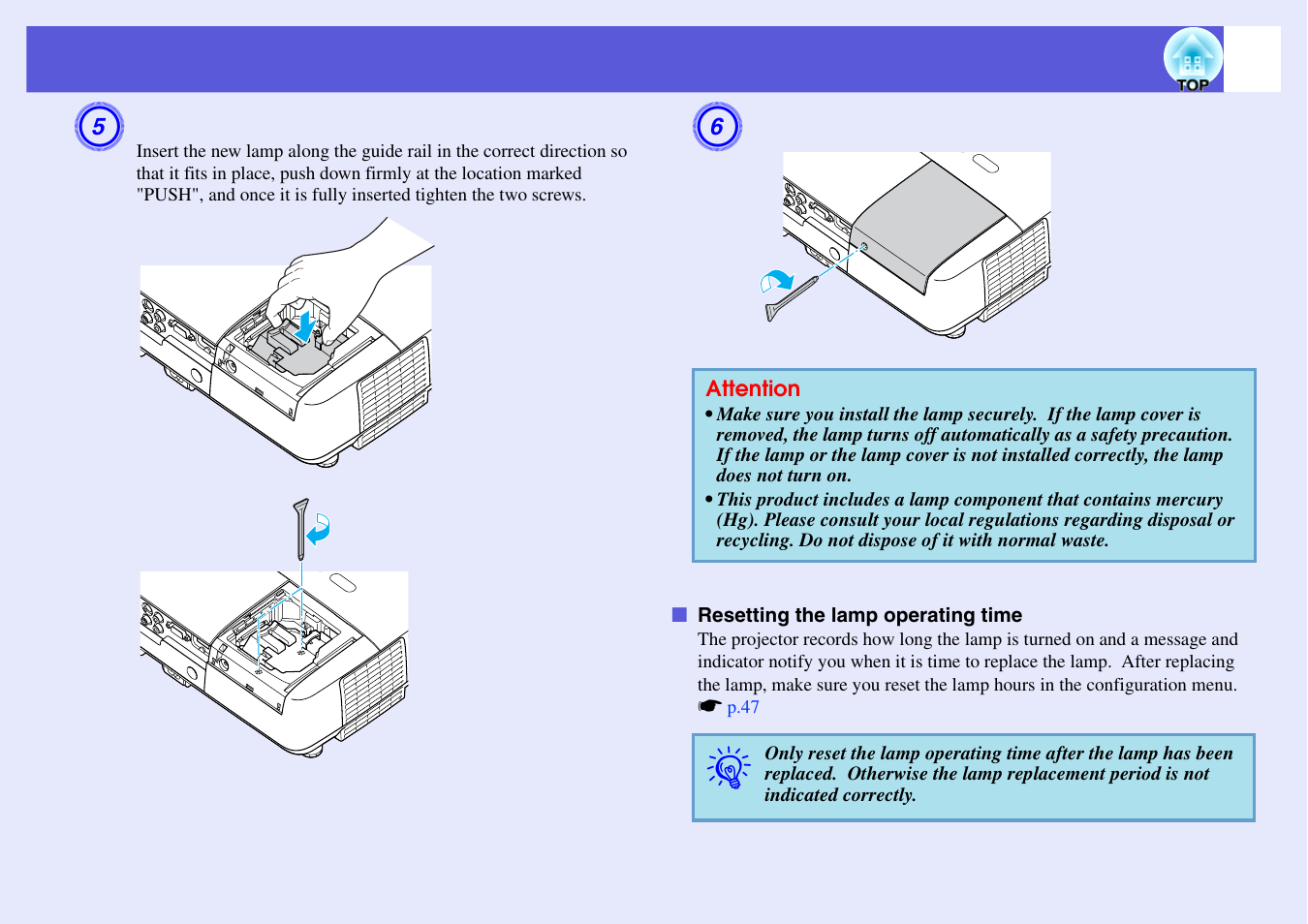 Resetting the lamp operating time | Epson EB X6 User Manual | Page 70 / 116