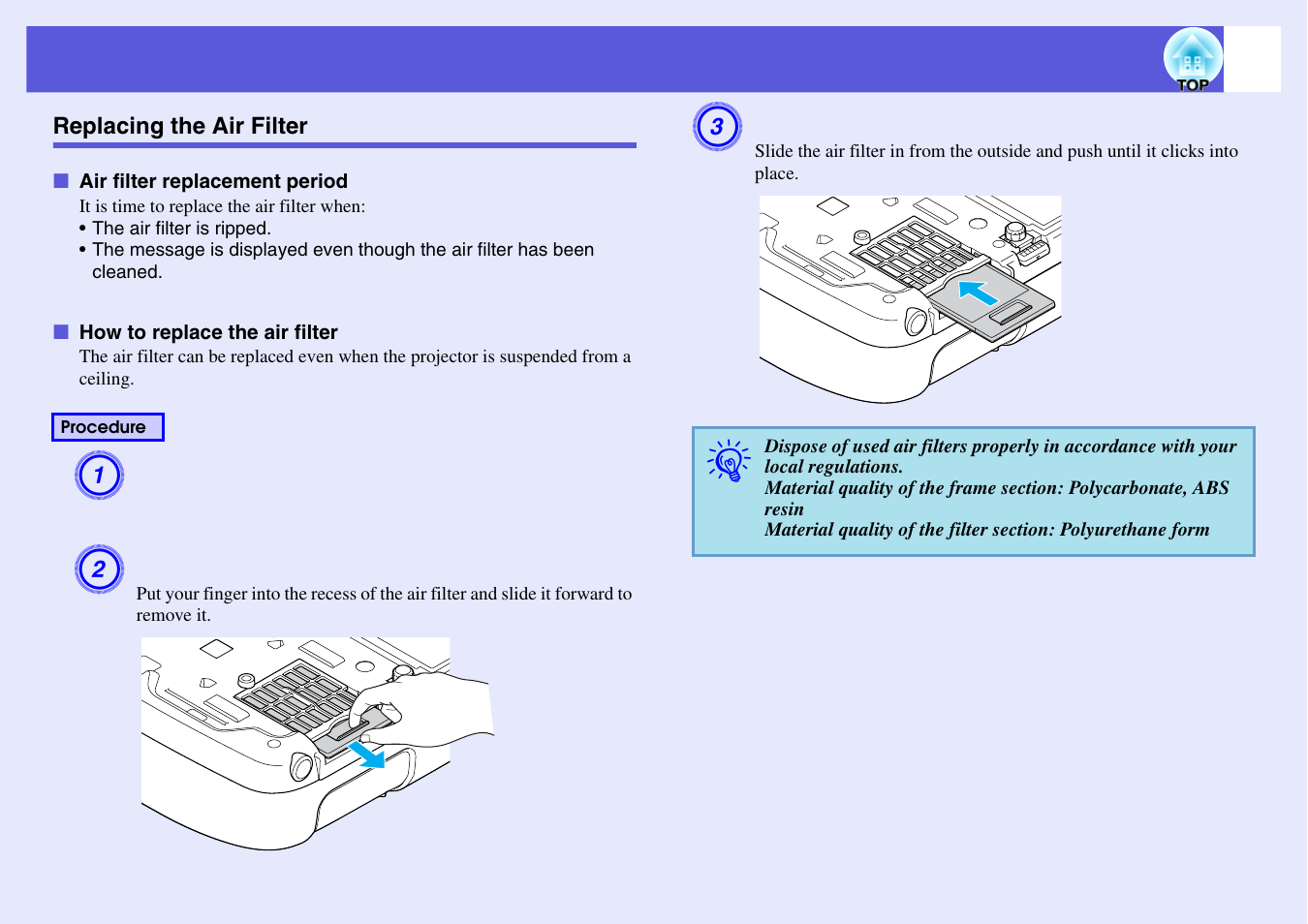 Replacing the air filter, R" s "how to replace the air filter, P.71 | Epson EB X6 User Manual | Page 71 / 116