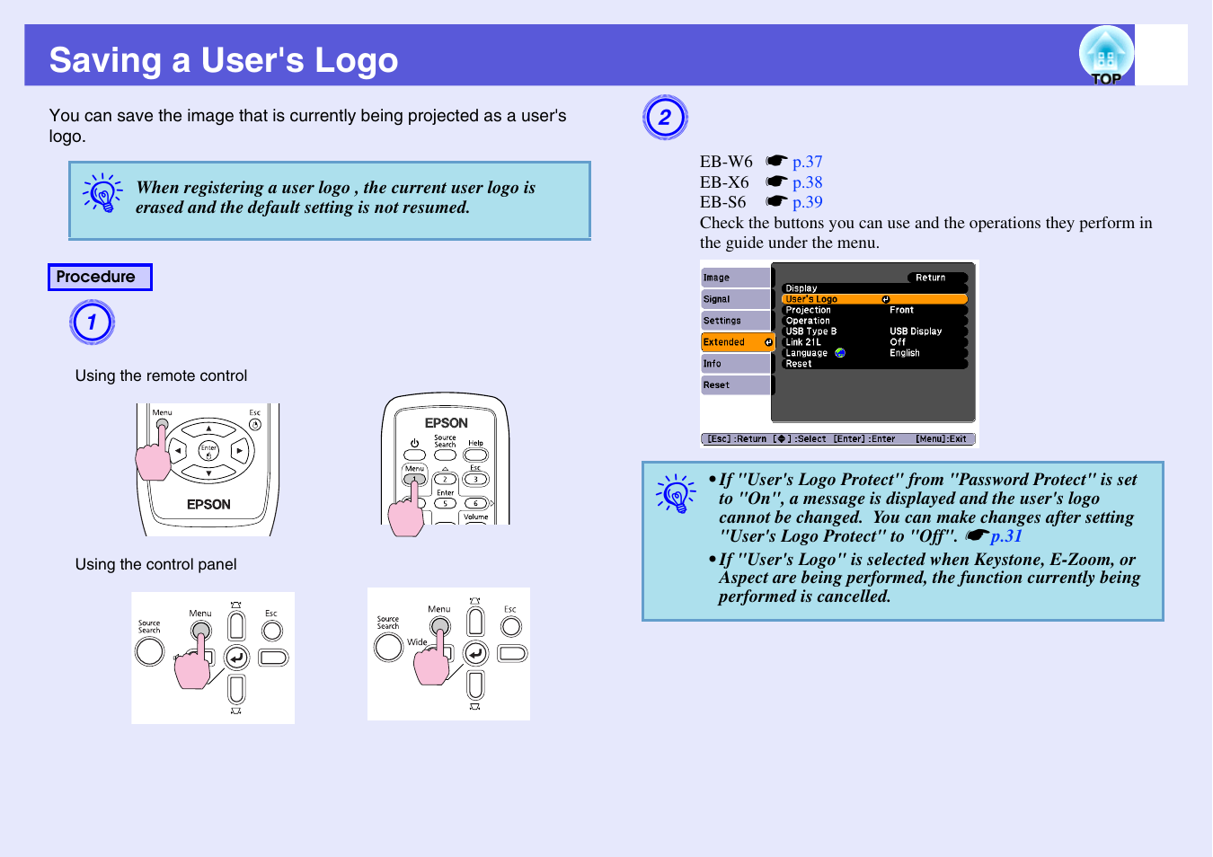 Saving a user's logo, P.72 | Epson EB X6 User Manual | Page 72 / 116
