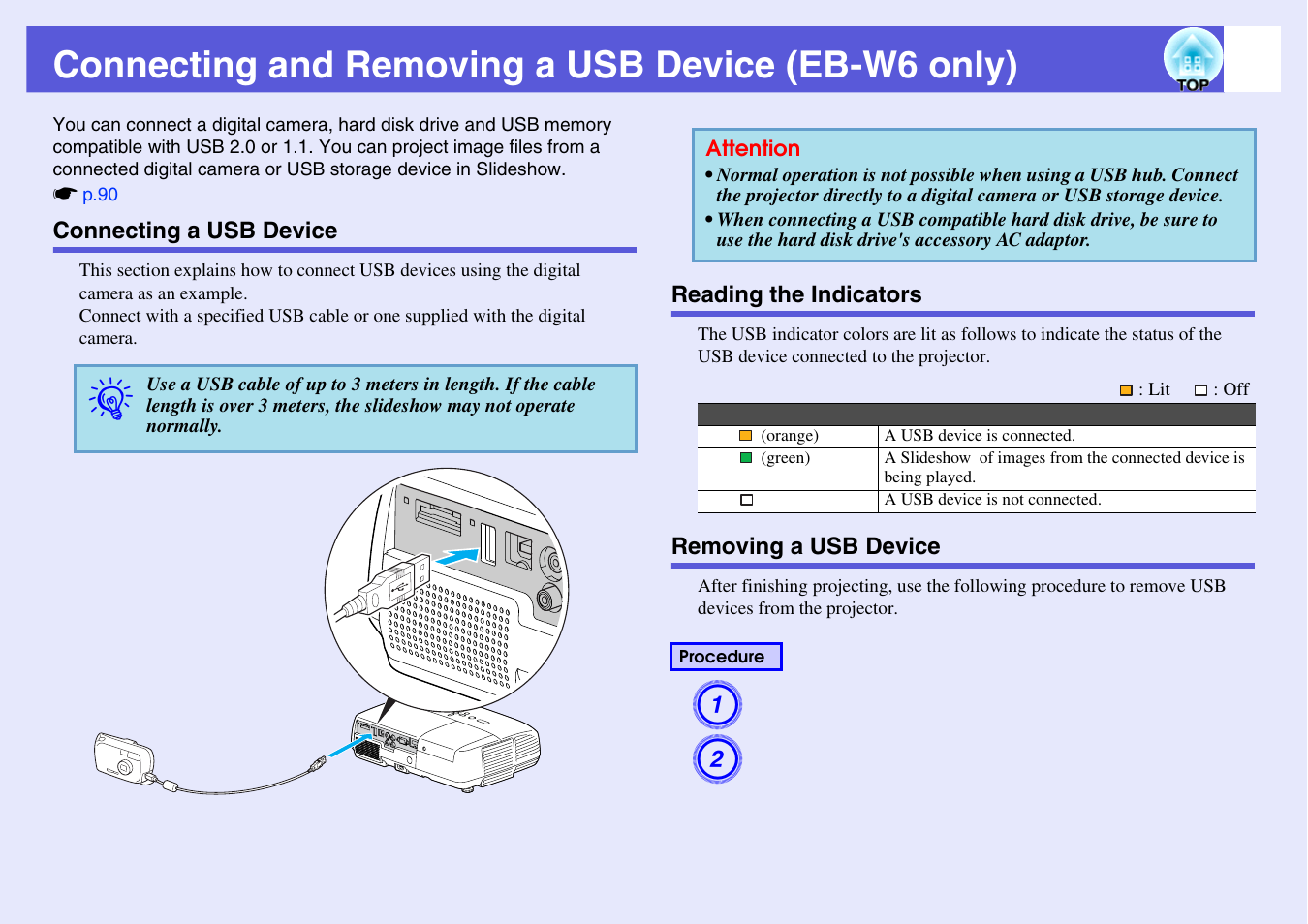 Connecting and removing a usb device (eb-w6 only), Connecting a usb device, Reading the indicators | Removing a usb device, Vice. s, P.79, T. s | Epson EB X6 User Manual | Page 79 / 116