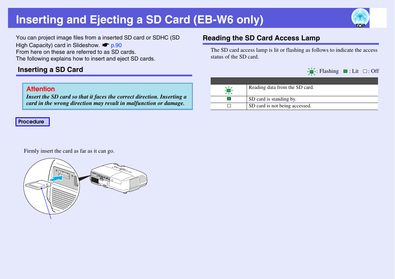 Inserting and ejecting a sd card (eb-w6 only), Inserting a sd card, Reading the sd card access lamp | P.80, W. s | Epson EB X6 User Manual | Page 80 / 116