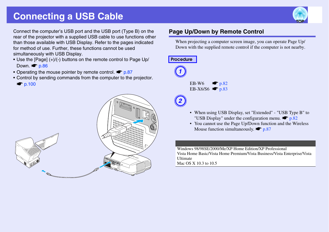 Connecting a usb cable, Uter. s, P.86 | E. s, L. s | Epson EB X6 User Manual | Page 86 / 116