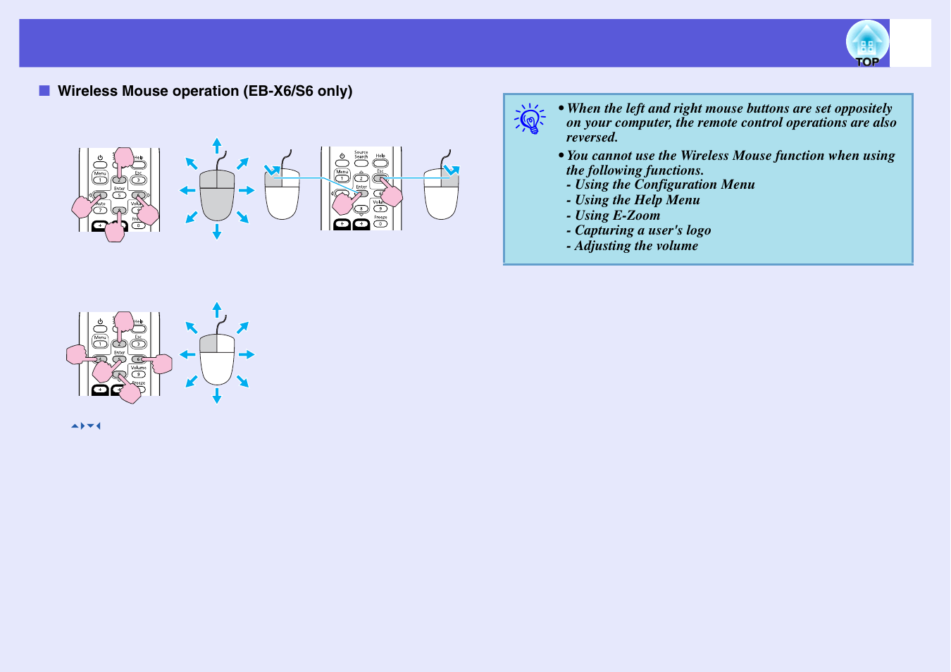 Wireless mouse operation (eb-x6/s6 only) | Epson EB X6 User Manual | Page 89 / 116