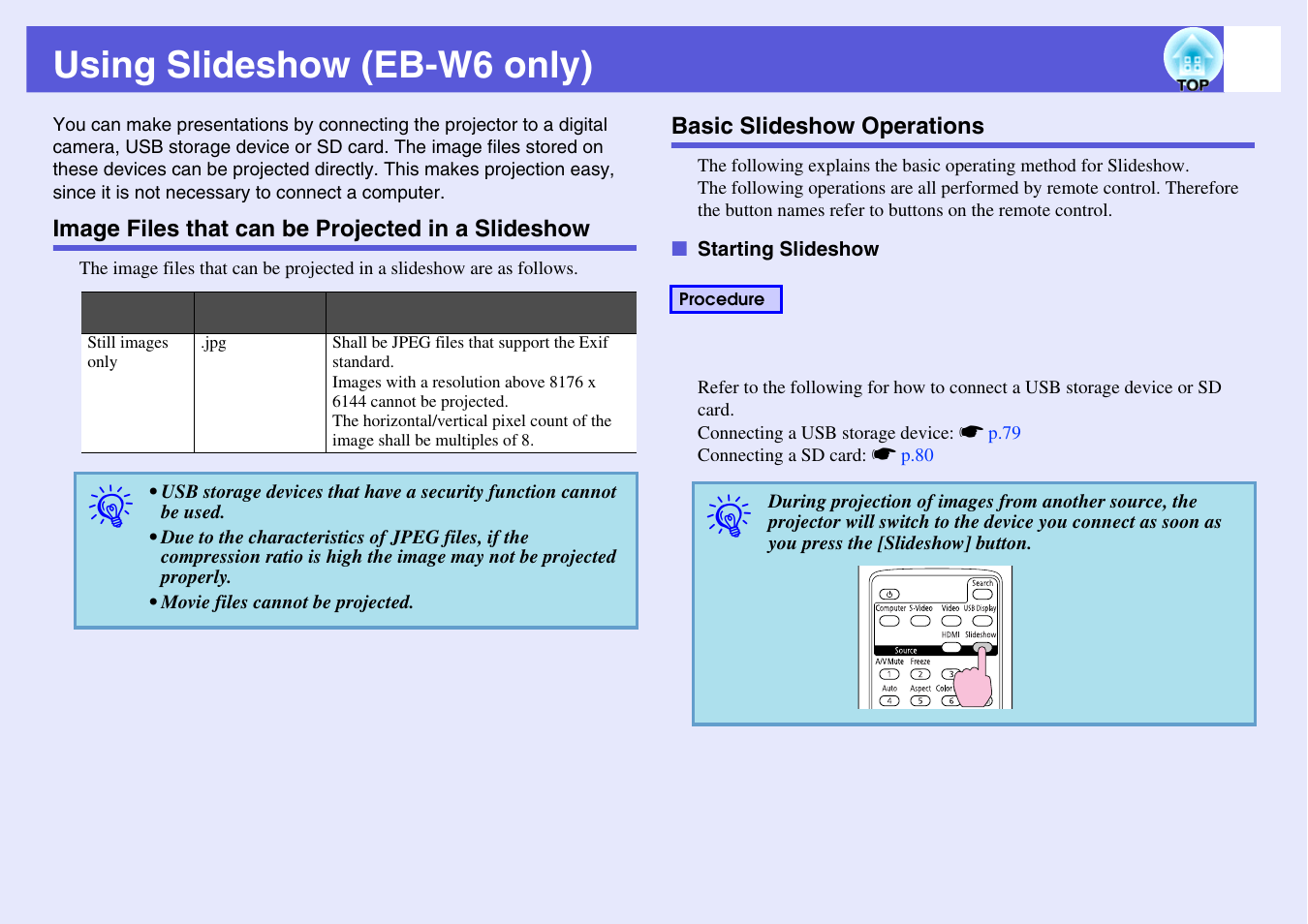 Using slideshow (eb-w6 only), Image files that can be projected in a slideshow, Basic slideshow operations | Connect a computer, P.90, Starting slideshow | Epson EB X6 User Manual | Page 90 / 116