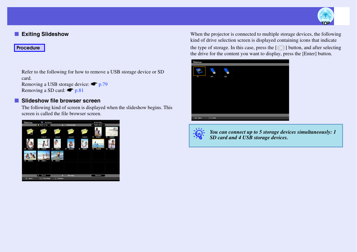 Exiting slideshow slideshow file browser screen | Epson EB X6 User Manual | Page 91 / 116