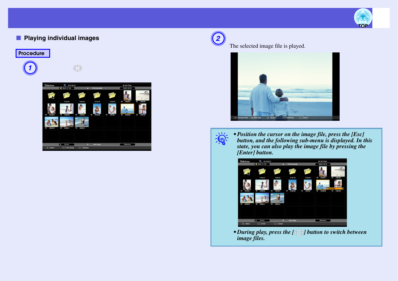 Playing individual images | Epson EB X6 User Manual | Page 93 / 116