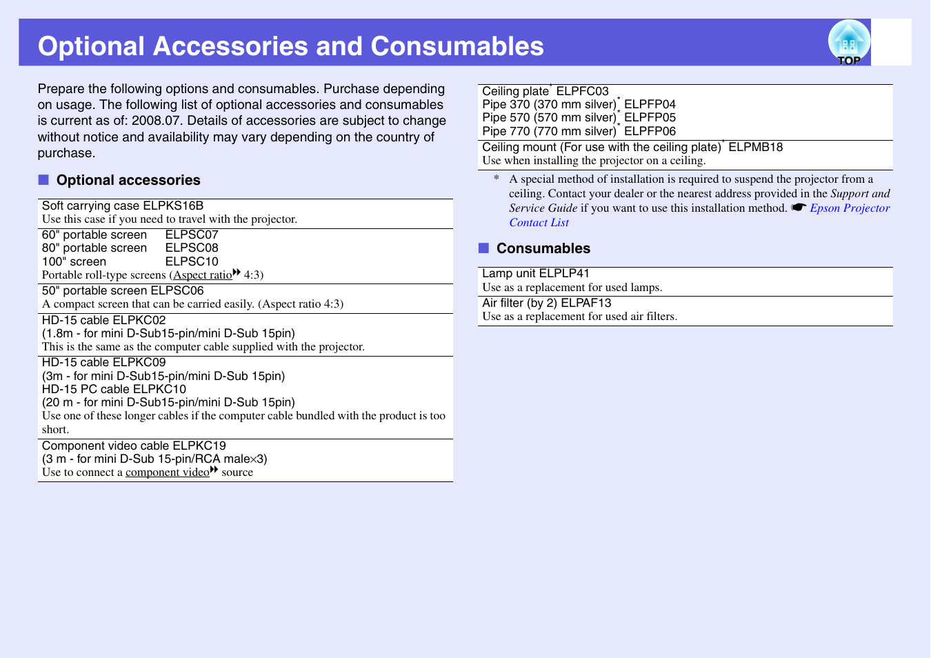 Optional accessories and consumables, Optional accessories consumables, P.97 | Epson EB X6 User Manual | Page 97 / 116