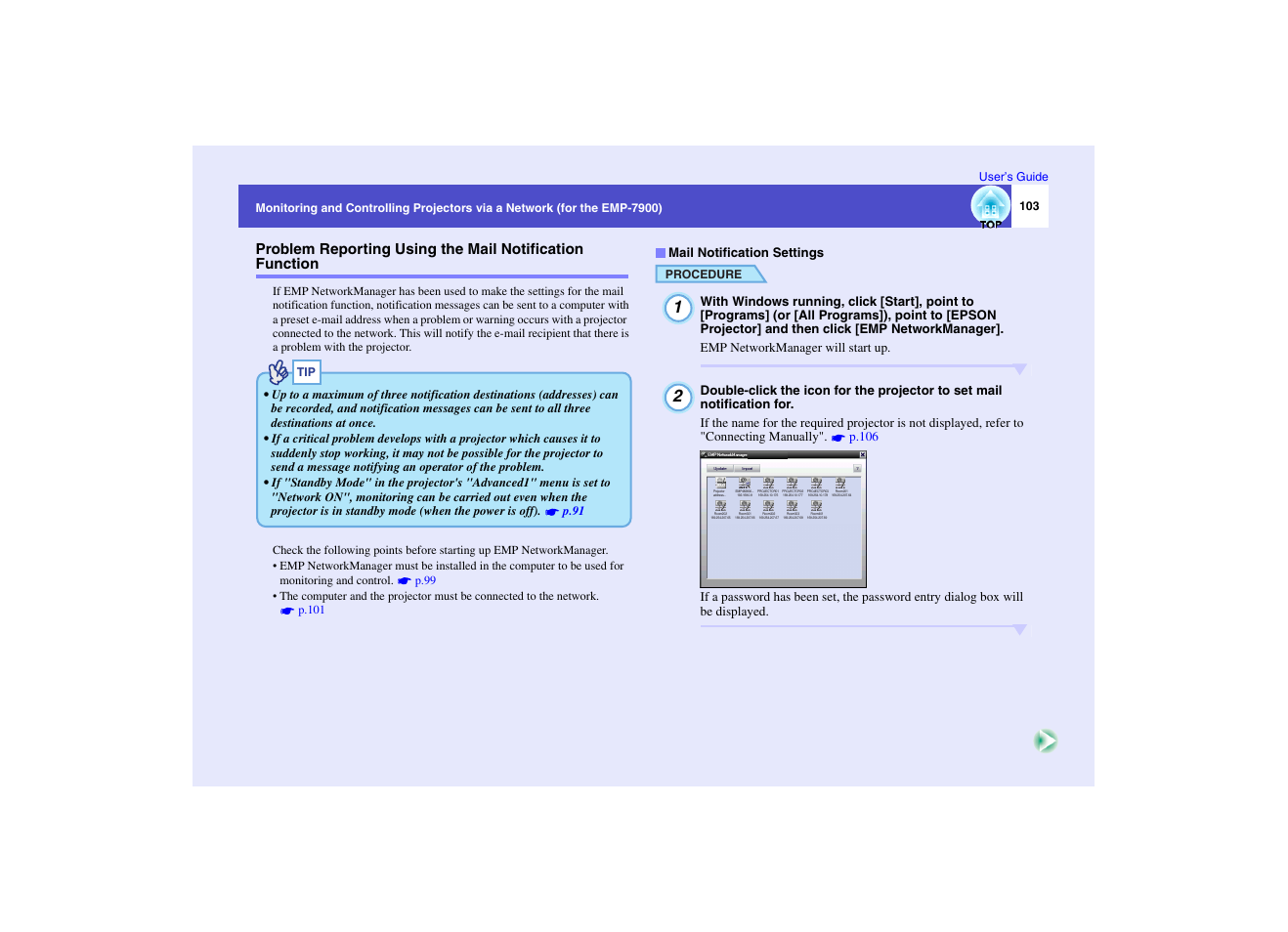 Problem reporting using the mail notification, Function, Mail notification settings | P.103 | Epson EMP-7950 User Manual | Page 104 / 165