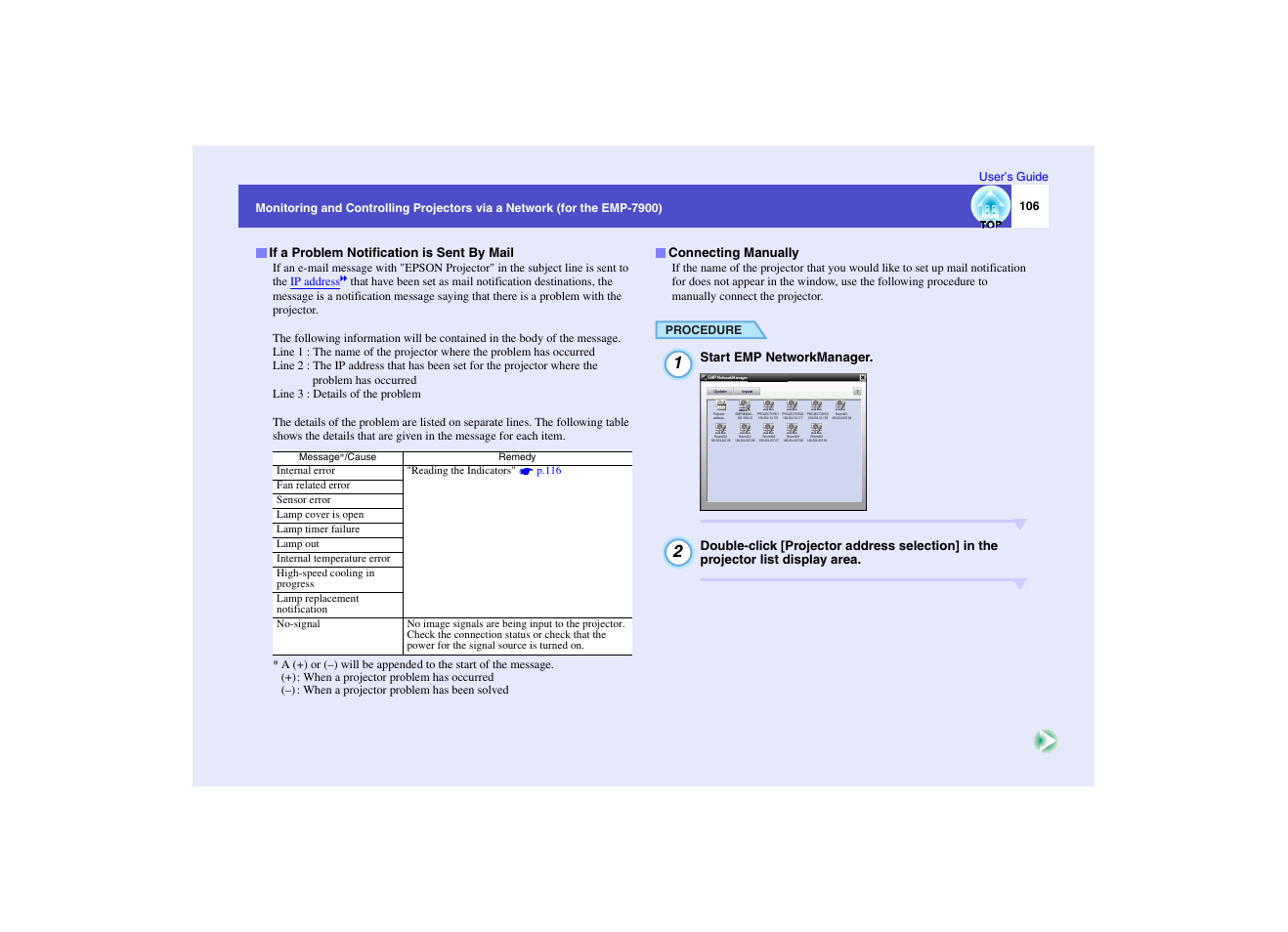 If a problem notification is sent by mail, Connecting manually, P.106 | Epson EMP-7950 User Manual | Page 107 / 165