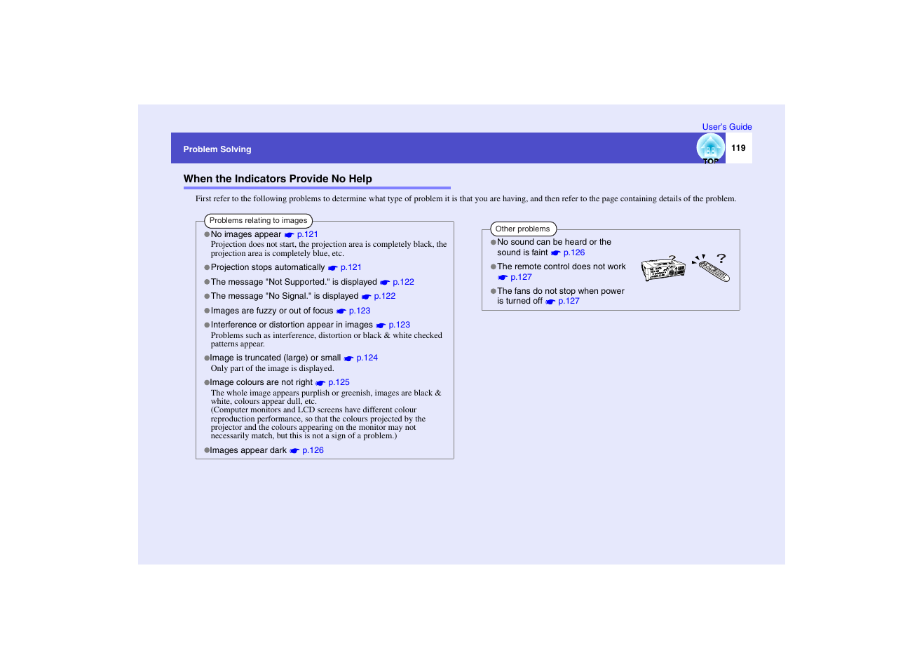 When the indicators provide no help | Epson EMP-7950 User Manual | Page 120 / 165