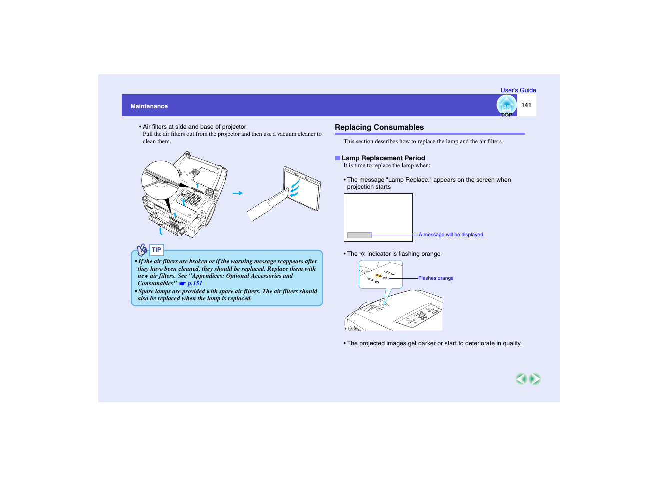 Replacing consumables, Lamp replacement period | Epson EMP-7950 User Manual | Page 142 / 165