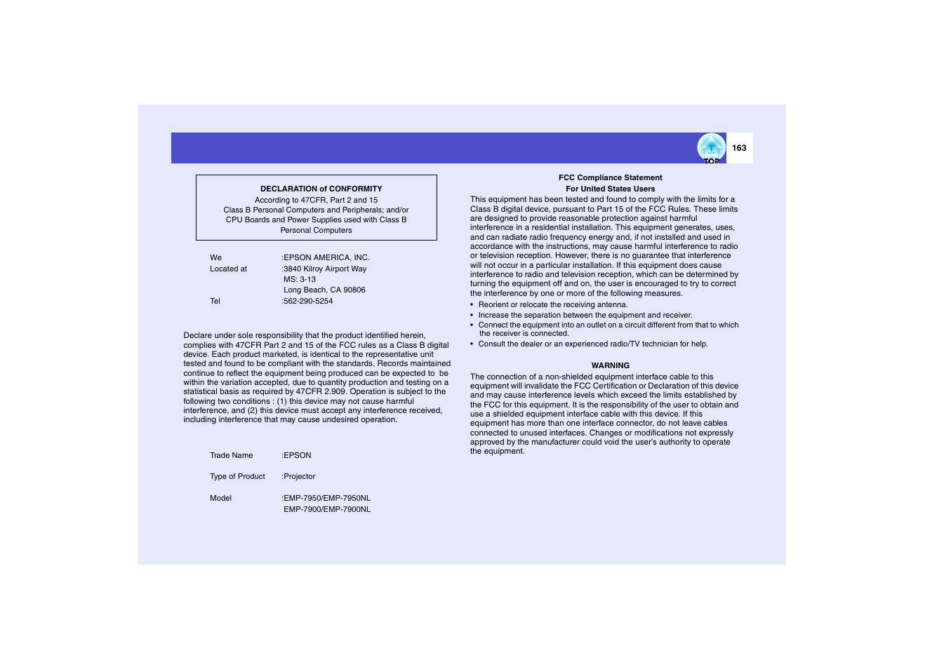 Epson EMP-7950 User Manual | Page 164 / 165